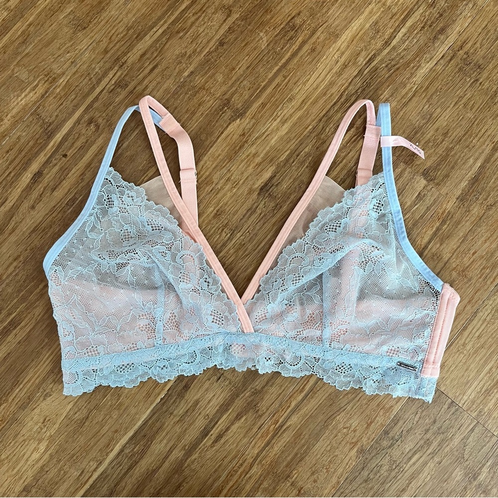La Vie En Rose Mesh and Lace Bralette, pink/blue, XL